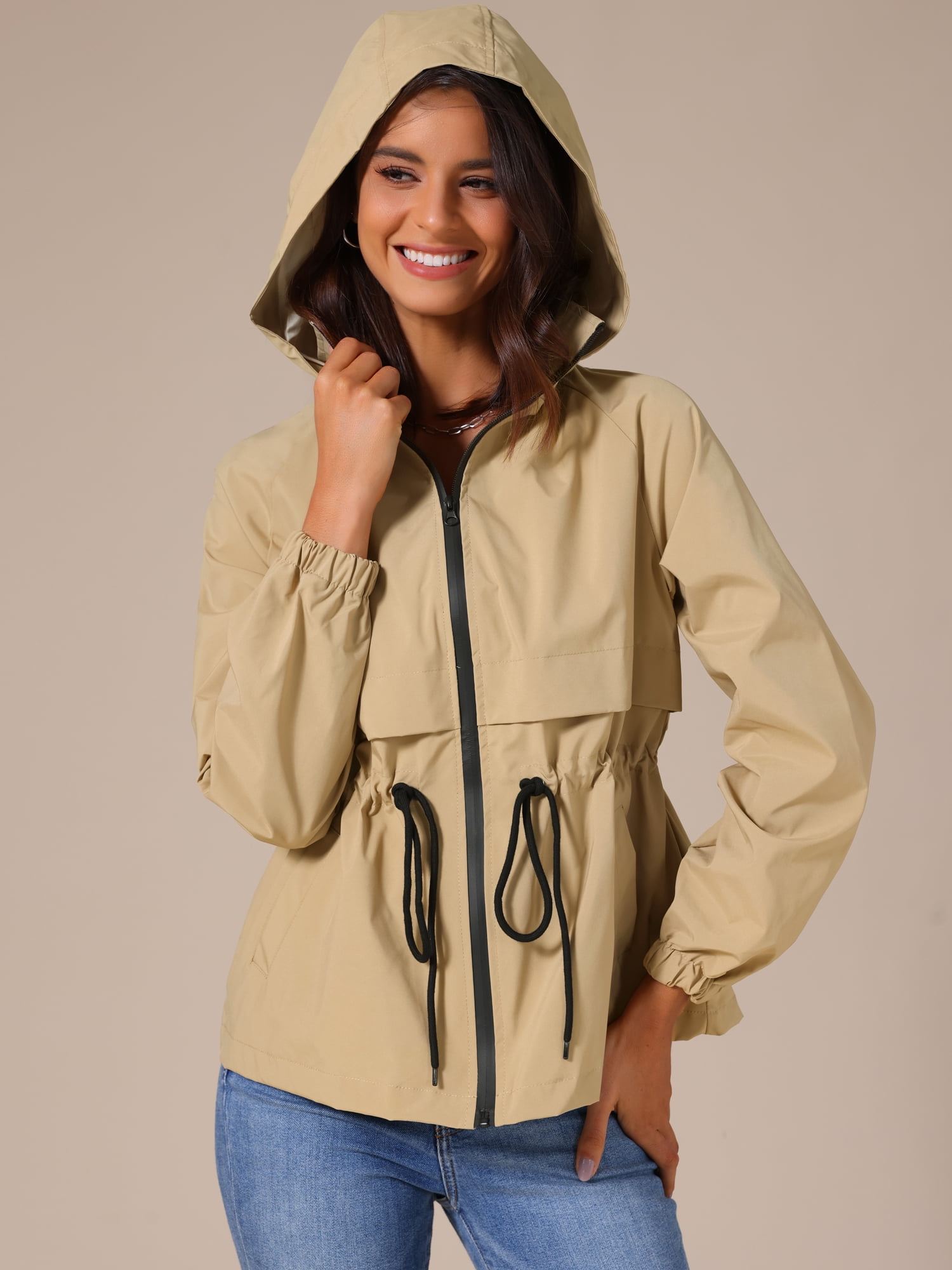 DARING DIVA Zipper Lightweight Hiking Hooded Windbreaker Raincoat 2XL Khaki