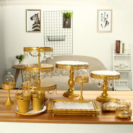 Glass Set Pedestal - Moaere7/12/13Pcs Antique Cake Stand Round Glass Plate Metal Dessert Cupcake Pedestal Wedding Party Display with Crystals