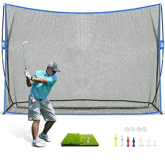 YUNIC Golf Net - Surface Wall, 10 ft x 7 ft Golf Practice Net With Tri-Turf Mat for Backyard Driving Chipping Swing Training, Indoor & Outdoor Portable Golf Training Aid Net