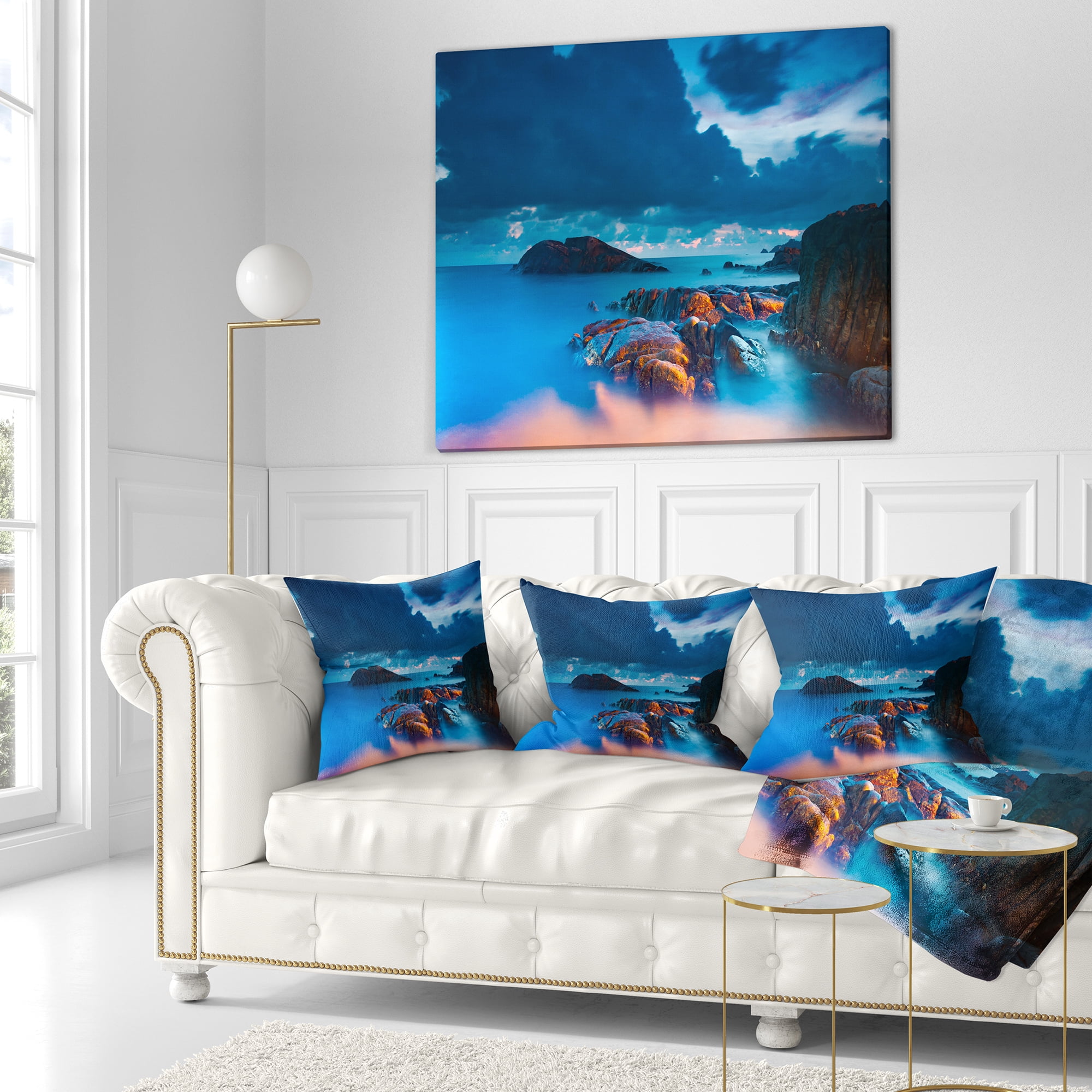 Designart Rocky Sea with Long Exposure - Seashore Photo Throw Pillow - 16x16
