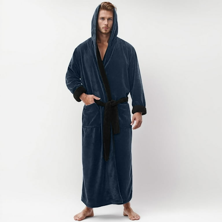 Hessimy Mens Hooded Robe Plush Fleece, Soft Fluffy House Coat Lounge Robe Full Length Bathrobes with Pockets(Dark Blue,S), Men's, Size: Small