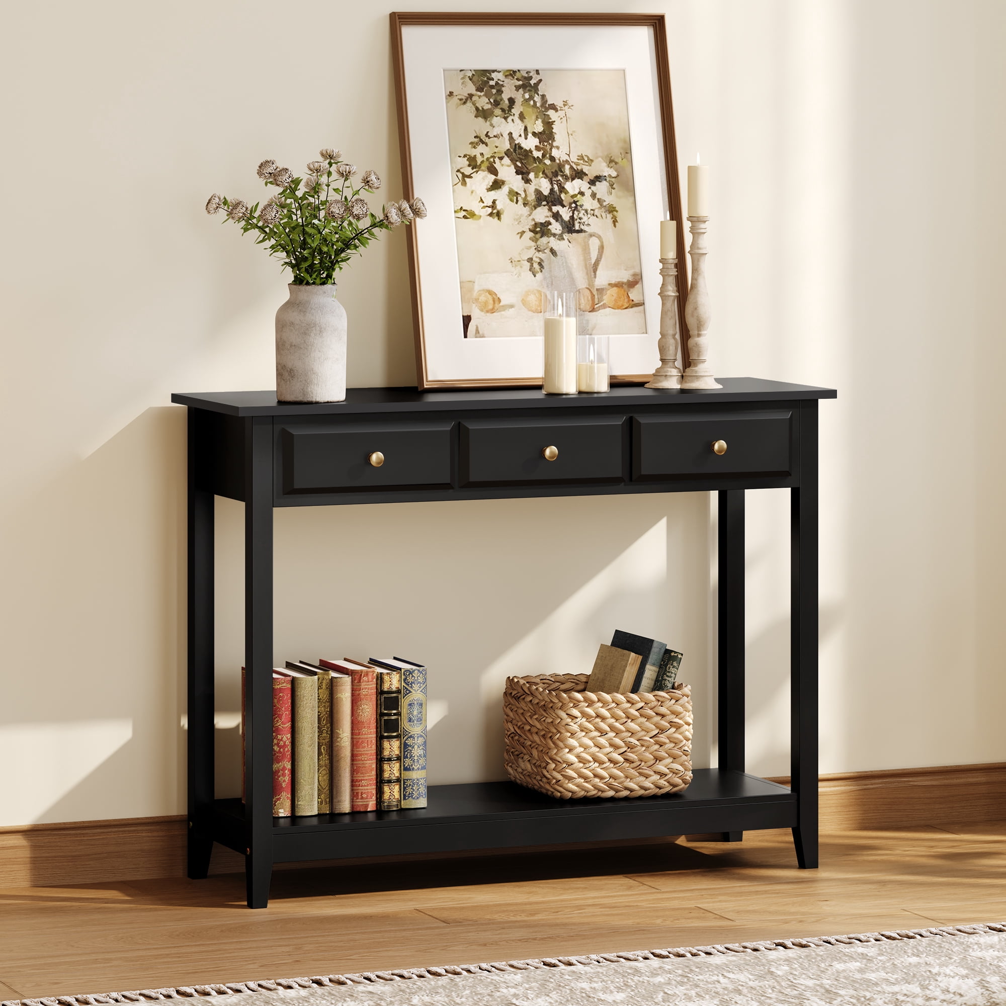 Alden Design 3-Drawer Wooden Console Table with Storage Shelf for Entryway, Black