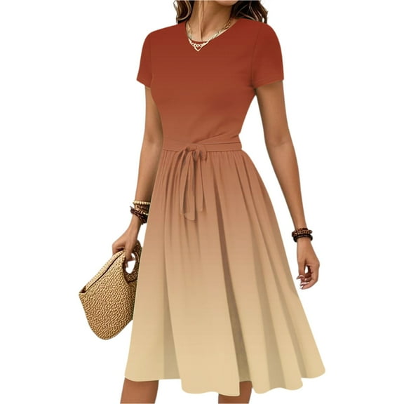 WTOBBY Women's Ombre Color Block Belted Dress Short Sleeve Round Neck Casual Elegant Beach Wear,Cyan 2XL