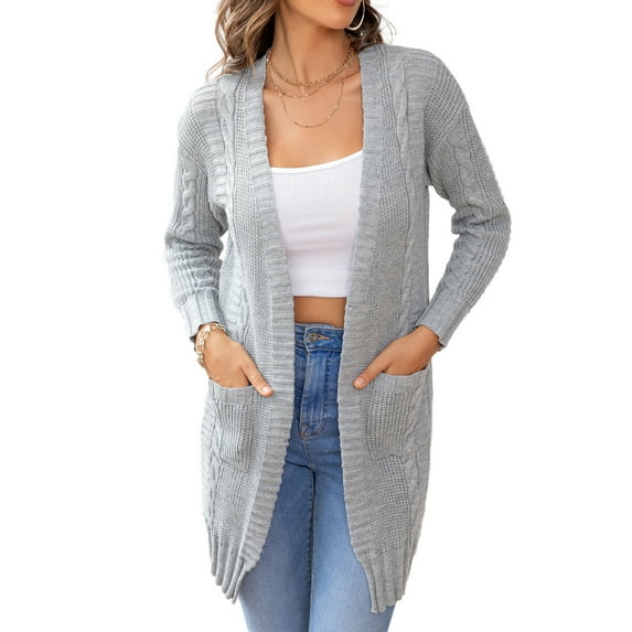 CALIPESSA Drop Shoulder Cable Knit Pocket Patched Casual Long Sleeve Grey Cardigan For Womens