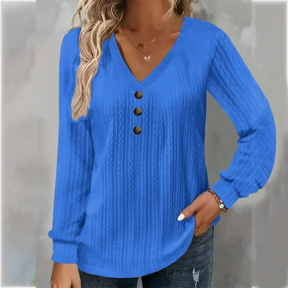 Fulorrnie T Shirts for Women Plus Size Long Sleeve V Neck Moisture Wicking Tee Oversized Button Loose Fit Plain Top Stretchable Casual Shirt, Blue, 8