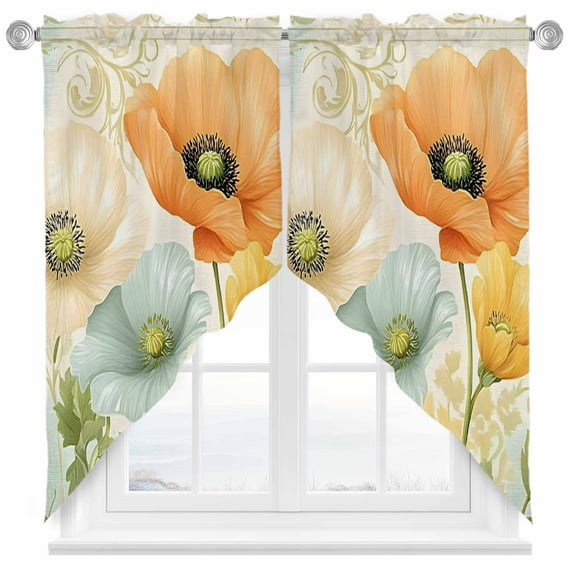 Vintage Poppy Swag Valances for Windows 2 Pack Orange Blue Yellow Floral Watercolor Flowers Swag Kitchen Curtains 36 Inches Long Rod Pocket Short Window Treatment for Kitchen Bathroom 28"x36"