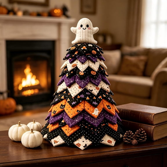 DIY Halloween Quilted Fabric Tree Kit Tabletop Tree Craft Set Spooky Fabric Tree Centerpiece with Top Smile Ghost and Star Accents Festive Autumn Handmade Desk Showcase