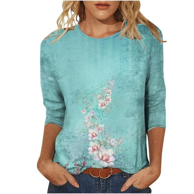 Pompotops T-shirt Ample Imprimé pour Femme Blouse à Manches 3/4 Col Rond Hauts Décontractés Liquidation