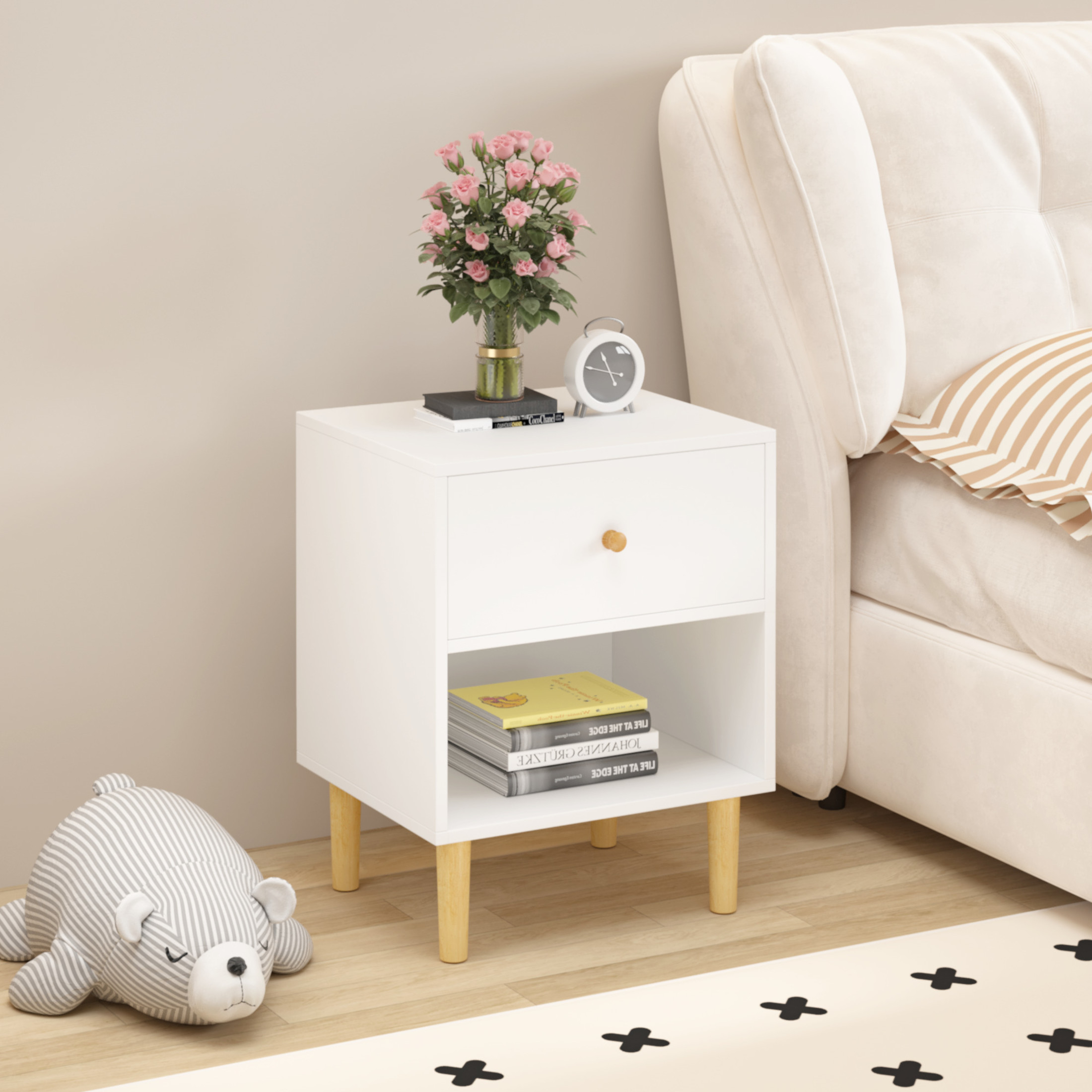 Noble House Kael 23.2" Wooden Nightstand with Drawer and Shelf, Modern Bedside Table, MDF with Pine Legs, White