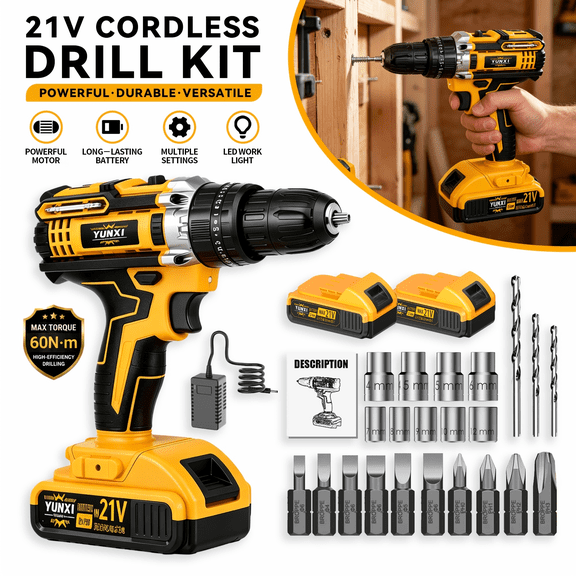 YUNXI 21V Cordless Drill Driver, 3/8 Inch, 60N·m Torque, 27 Piece