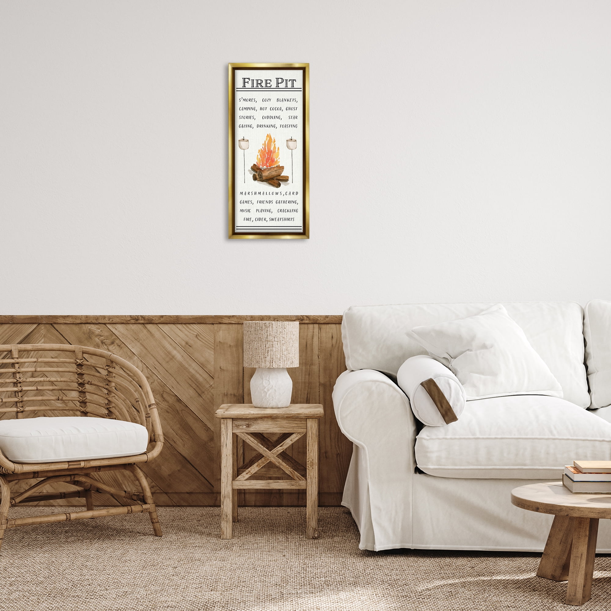 Stupell Industries Fire Pit & Marshmallows Food & Beverage Painting Gold Floater Framed Canvas Art Print Wall Art, 11 x 25