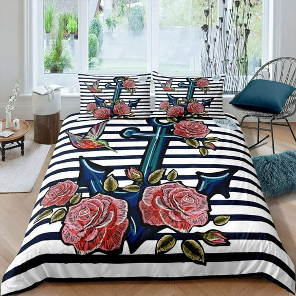 Ocean Beach Ship Anchor Duvet Cover Set Nautical Polyester Comforter Cover For Men Women Sunset Blue