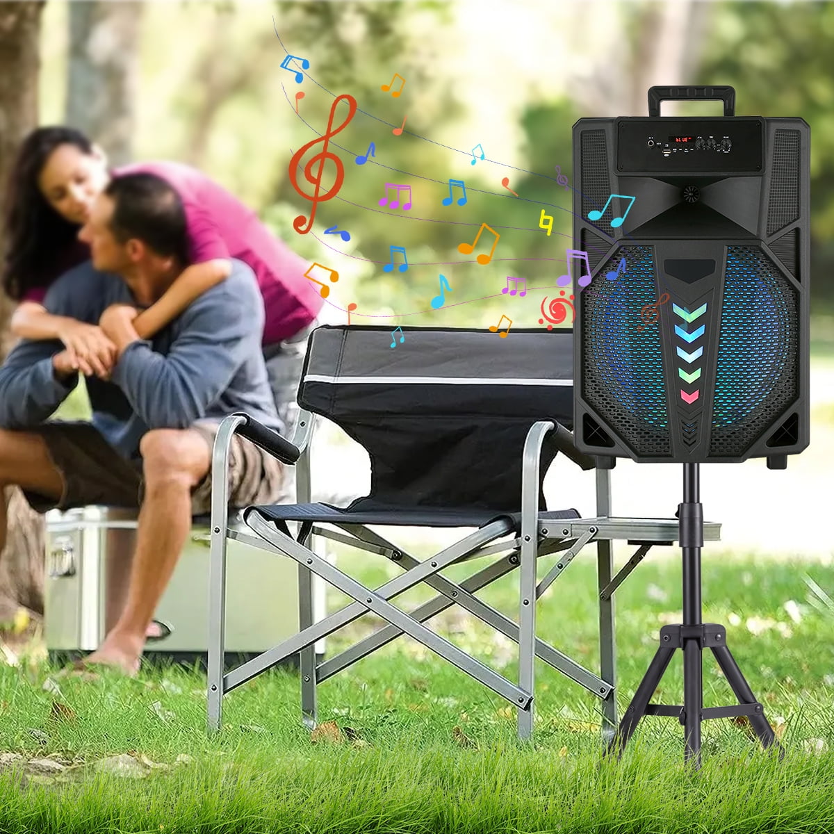 15" Woofer Portable Wireless Party Speaker with Microphone, Stand, LED, Black,USB/TF/BT/AUX/FM/TWS