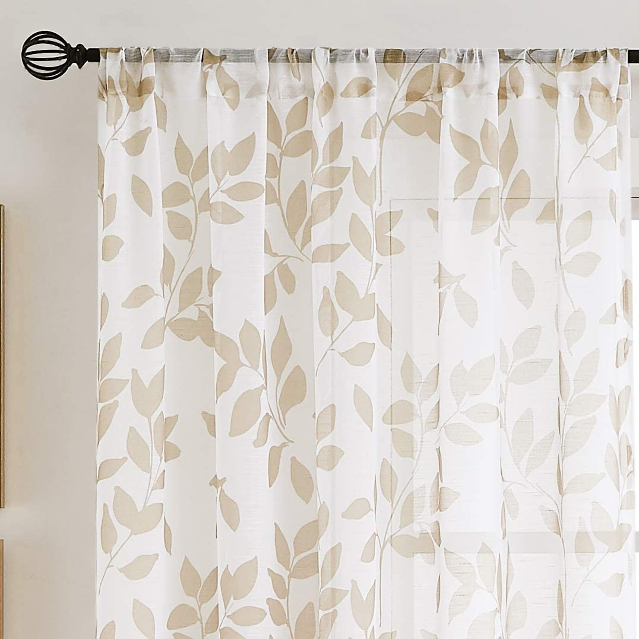 Exultantex Linen Texture Leaf Botanical Rod Pocket Sheer Curtain,50"W x 84"L,2 Panels,Grey