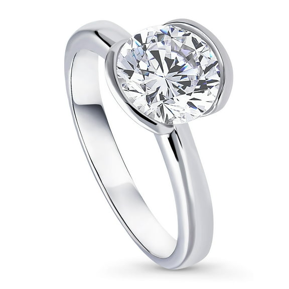 BERRICLE Sterling Silver Solitaire Wedding Engagement Rings 2 Carat Half Bezel Set Round Cut Cubic Zirconia CZ Ring for Women, Rhodium Plated Size 7