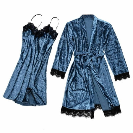 

OVTICZA Women s Dress and Short Sets with Robe Sleepwear Pajamas Set Lace Pj Set Nightwear Lounge Blue S