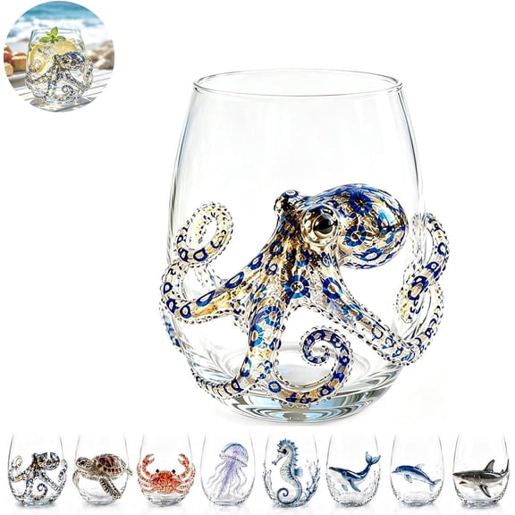 Artisanal Blue Ringed Octopus Glassware, Ocean Octopus Themed Drinking Stemless Wine Glasses, Embossed Sea Monster Whiskey Tumbler for Wine Water Milk, Sea Home Bar Decor