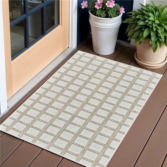 HomeRoots 558794 3 x 5 ft. Geometric Distressed Indoor & Outdoor Rectangle Area Rug, Cream & Beige