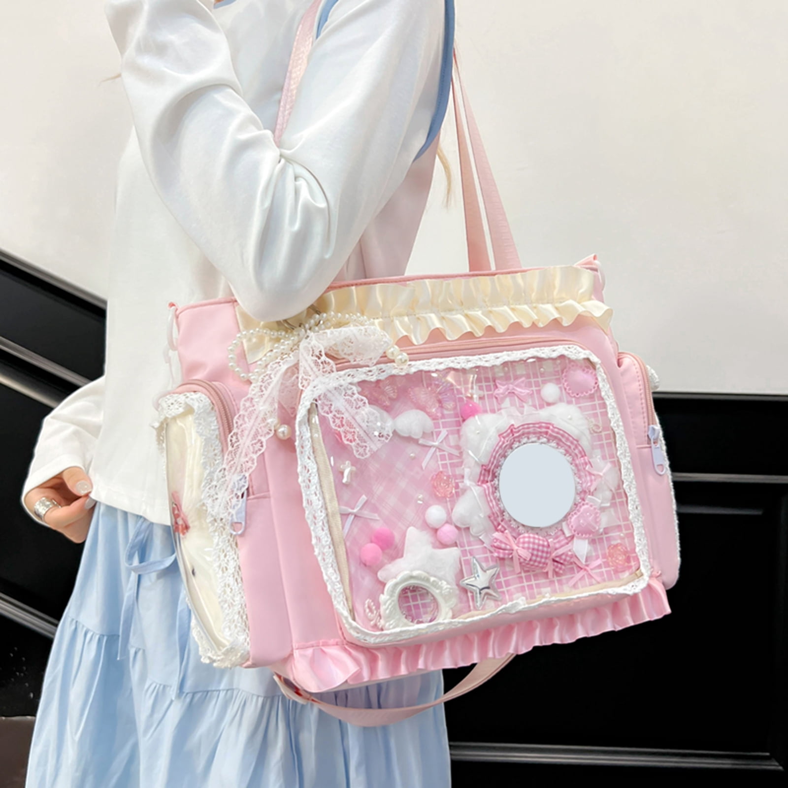 HUISZJ Transparent Square Ita Bag, Lolita Messenger Bag with Zipper & Pendant, DIY Badge Crossbody Bag Student Tote Bag for Shopping Travel Work Daily (Pink)