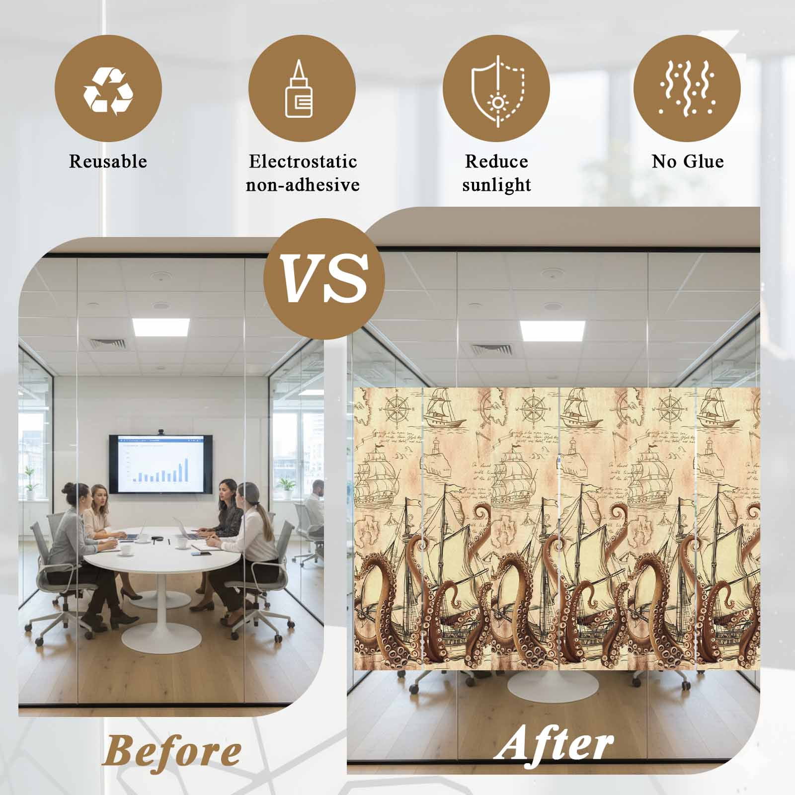 Nautical Boat Window Privacy Film, Retro Octopus Sailing Sailing Brown Frosted Glass Window Clings Static Cling UV Heat Blocking Reusable Door Sticker for Bathroom 23.6 x 59 Inch