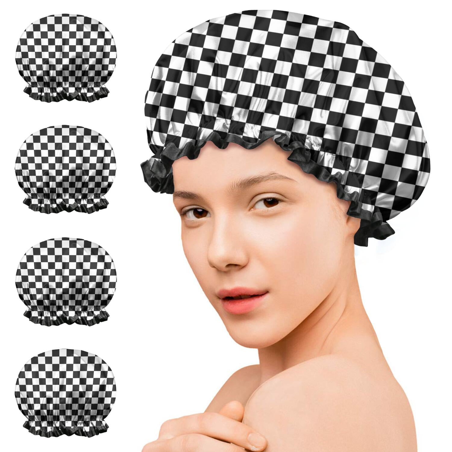 Shower Caps,Black White Checkered Pattern Waterproof Shower Cap for Women 4 Pieces,Double Reusable Hair Cover for Shower PEVA Elastic Stretch Hem