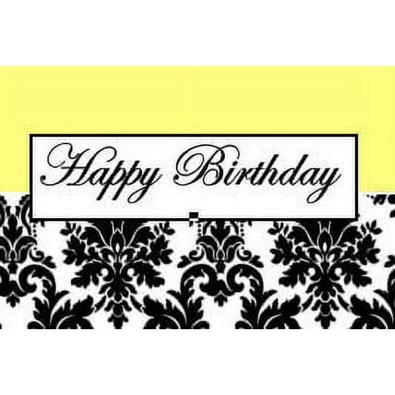 Black & Damask Happy Birthday Elegant Edible Frosting Photo Cake Topper - Pastel Yellow