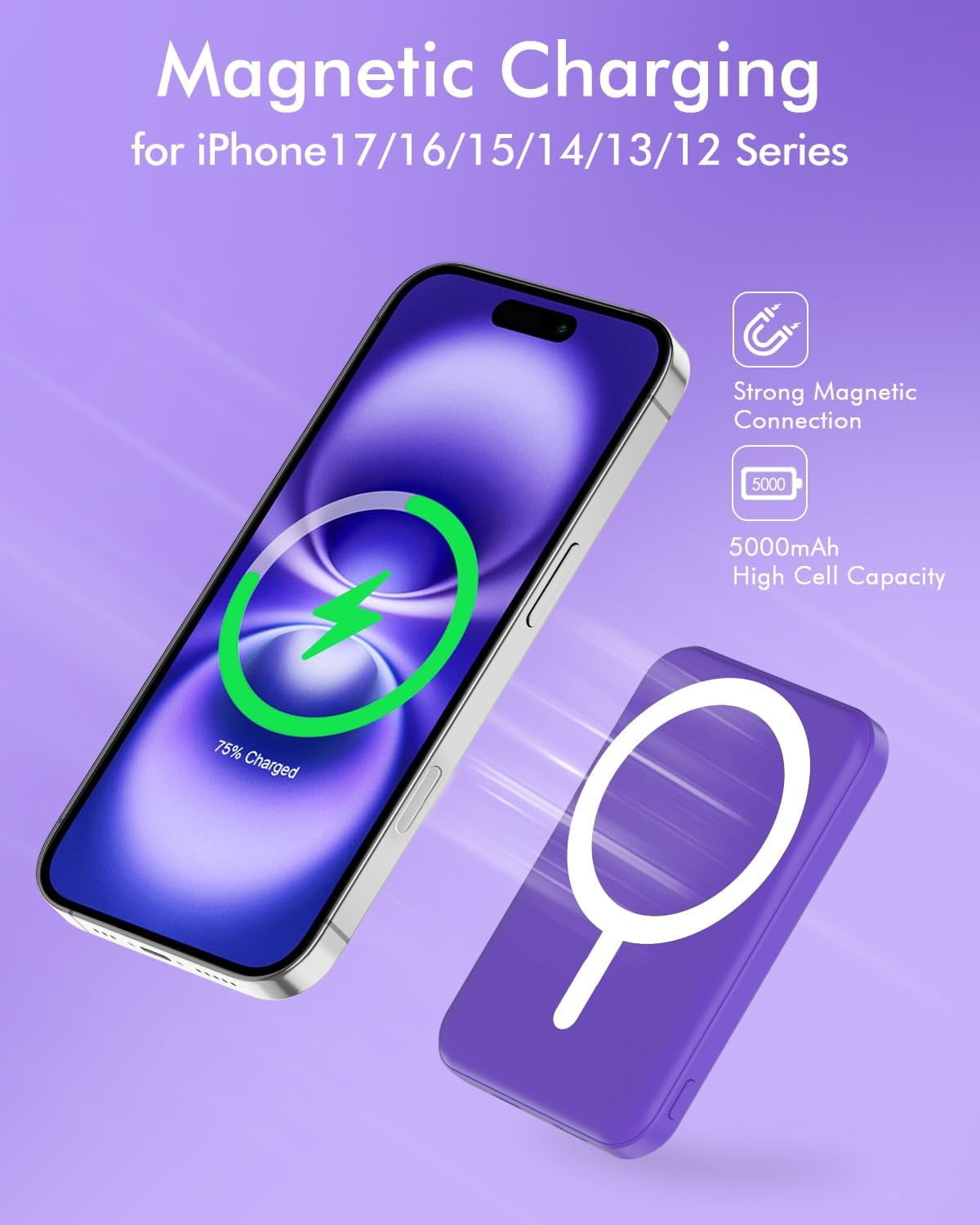 General for Magsafe Battery Pack, 5000mAh Magnetic Power Bank with Type-C Cable 20W PD Fast Charging Lighting Input Wireless Portable Charger for iPhone 17/16/15/14/13/12/ All Series-Demon Purple