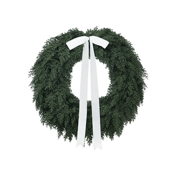 17.68in Artificial Cedar Christmas Wreath, Green Evergreen with Natural Feel, Traditional White Bow Accent for Front Door, Mantel, Wall, Window & Indoor Outdoor Christmas Decoration
