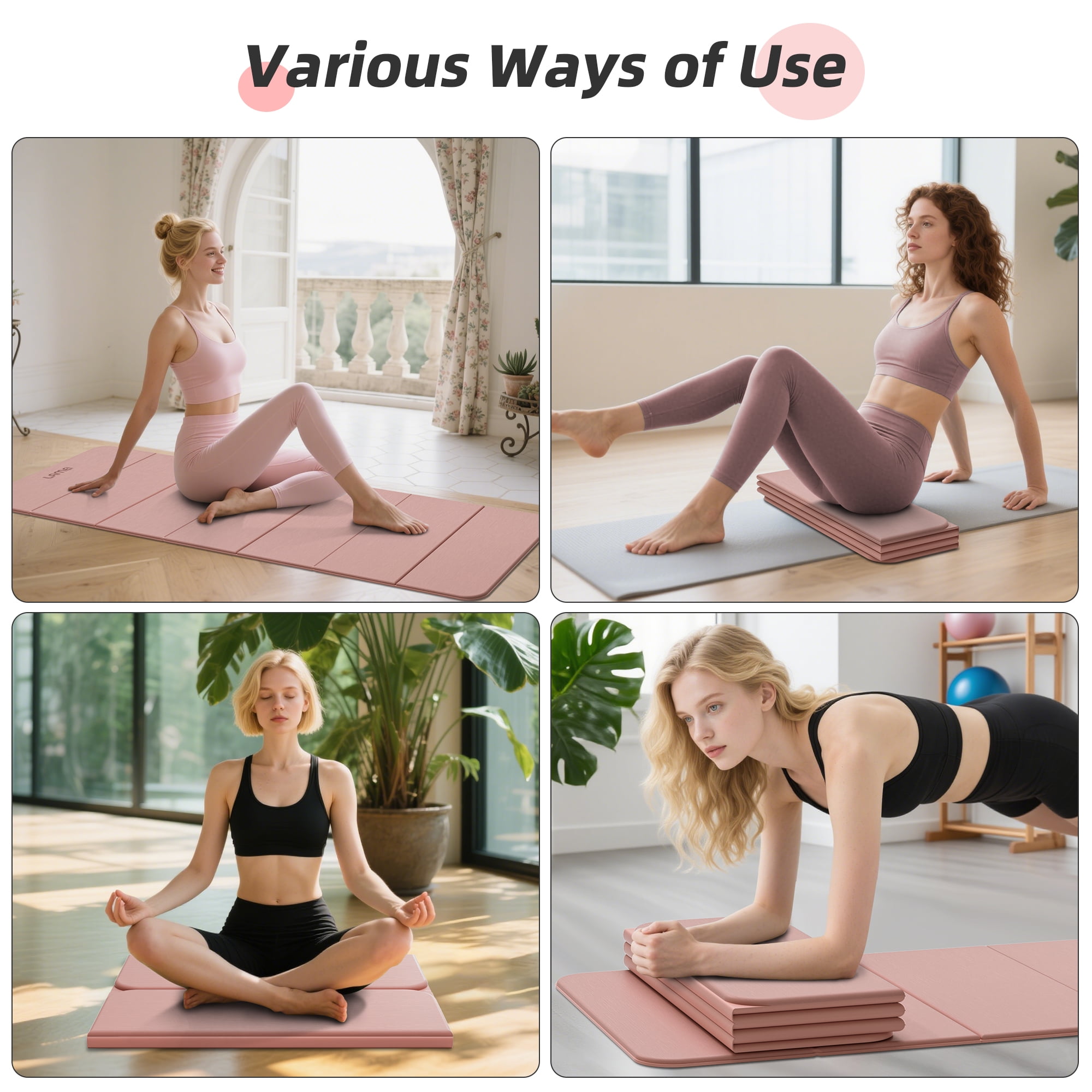 Lamei Foldable Yoga Mat, 31" Extra Wide Non-Slip Exercise Mats for Home Workout, 75" Long, 8mm Thick,Lightweight Travel, Quick Unfold/Fold, Flat Lay No Curl(Pink)