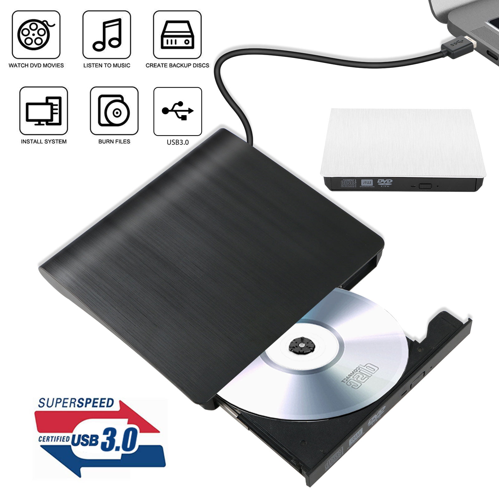 Portable Optical Burner USB 3.0 Portable Slim External DVD-RW Optical Drive Player Writer CD//DVD Player for PC Notebook Color : White, Size : One Size