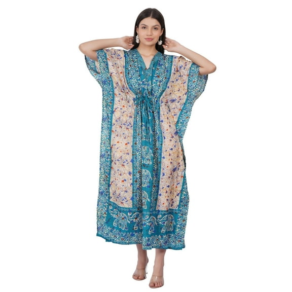 Women's Kaftan Dress Beach Cover Up Tribal Ethnic Print Plus Size Loose Kimono Maxi Dress - Color Torqoise Elephant
