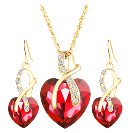 Necklace Earring Heart Set Red Rhinestone Anti-Tarnish Gold Tone Jewelry Set,J-42-R