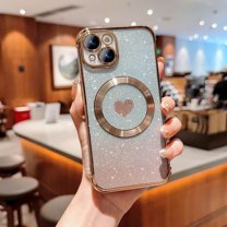 Magnetic for iPhone 13 Case, Luxury Plating Cute Glitter Love Heart Clear Phone Case [Compatible with MagSafe] Soft TPU Shockproof Protective Phone Cover for Women Girls - Gold