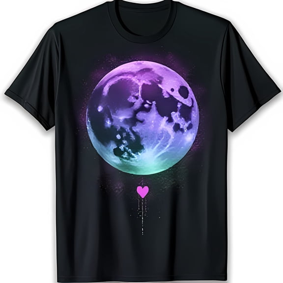 Colorful Full Moon Graphic T-Shirt with Textured Design & Dripping Heart Black Tee