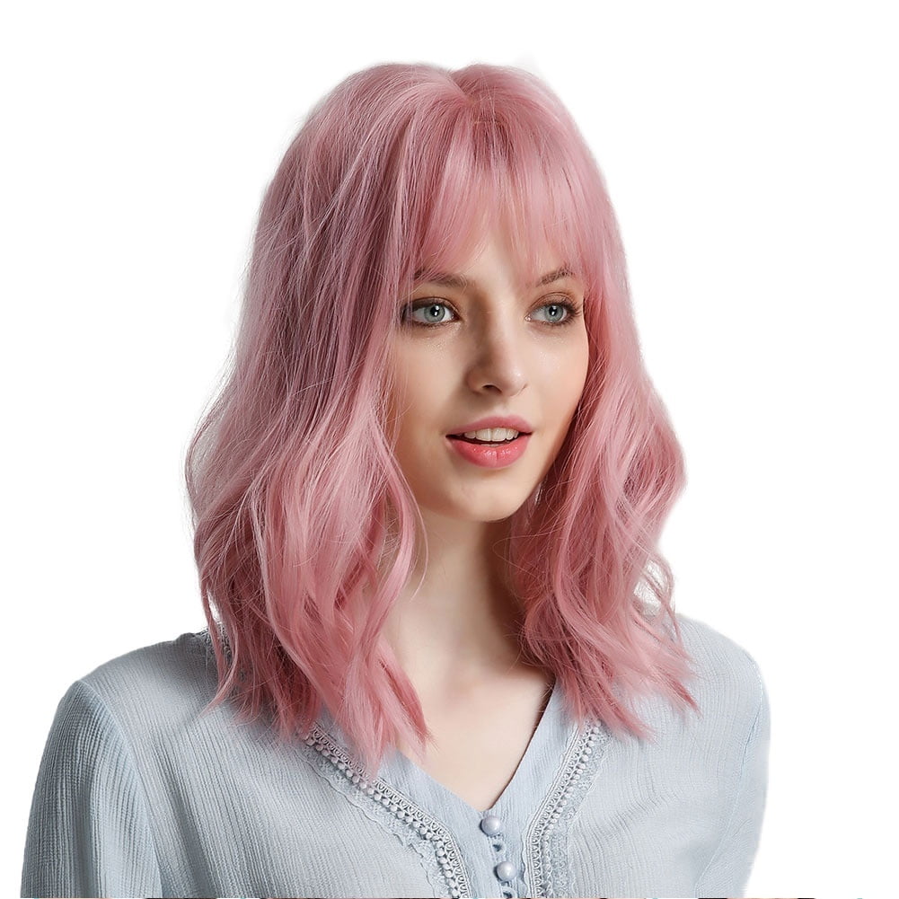 Synthetic Bob Wig, Charming Shoulder Length Curly Pink Wig with Bangs ...