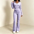 thumbnail image 3 of 2 Piece Women's Velvet Tracksuit Set, Fall Casual Long Sleeve Zip-Up Crop Hoodies & Flared Pants Workout Outfit, S-XXL, 3 of 7
