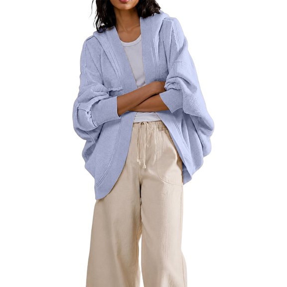 Women Retro Open Front Hoodie Cardigan Oversized Sweatshirt Long Bat Sleeve Patchwork Jackets Fall Trendy Outfit M