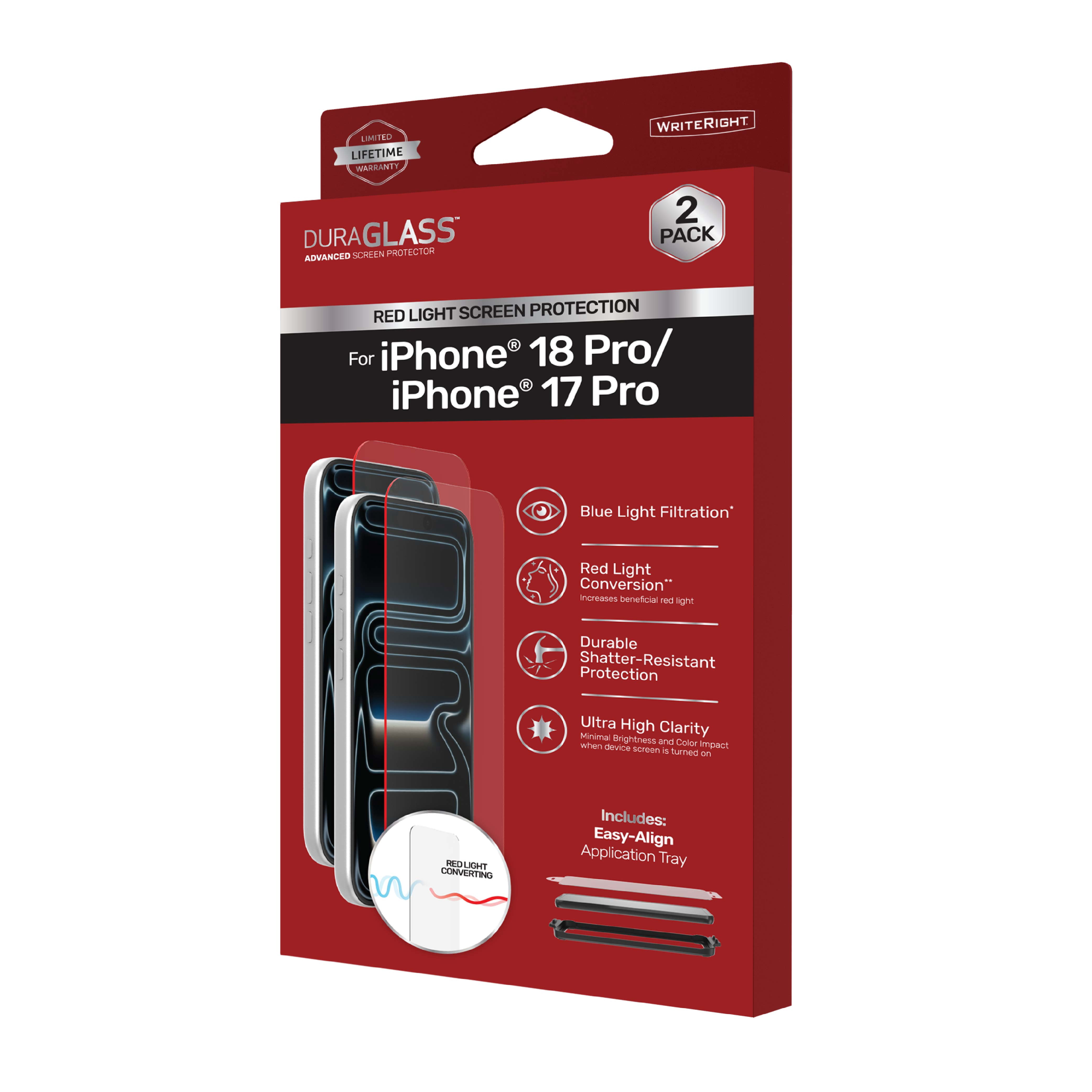 DuraGlass Glass Screen Protector with Red Light Conversion for iPhone 18 Pro / 17 Pro with Easy Application Tray - 2 Pack