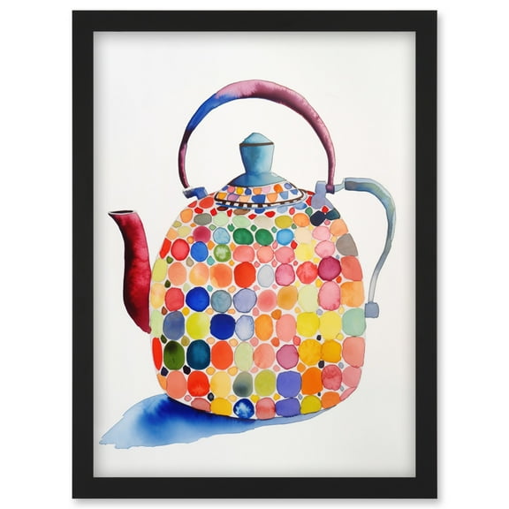 Colourful Enamelled Teapot Tea Kettle Folk Art Watercolour Painting Artwork Framed Wall Art Print A4