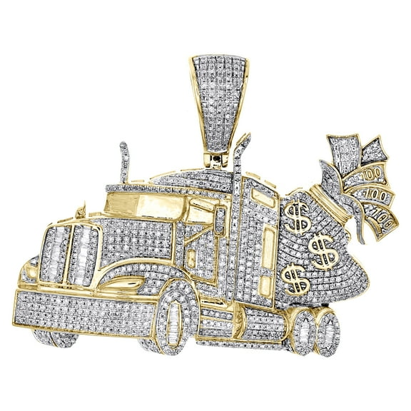 10K Yellow Gold Round Diamond Money Truck Dollar Sign Pendant 1.65" Charm 1.5 CT