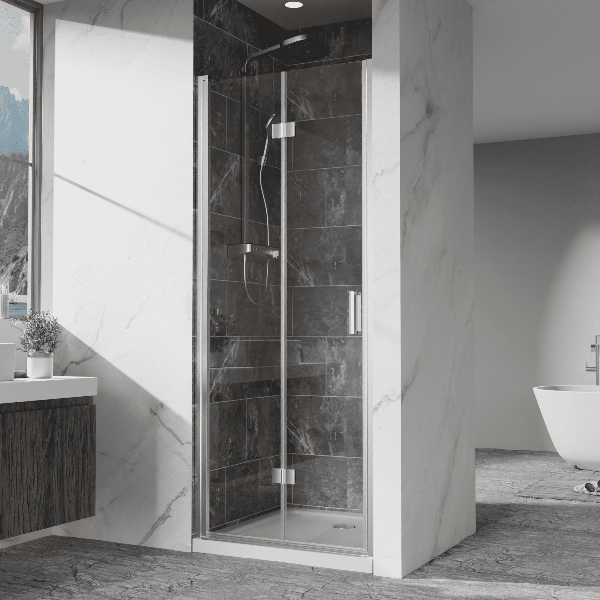 Pivot Shower Doors, 32" W x 72" H Frameless Bi-fold Swing Shower Door,1/4" (6mm) Clear Tempered Glass, Chrome, Reversible Installation