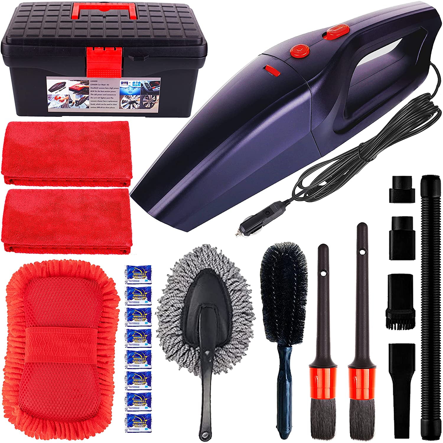 Portable Bag MRCARTOOL 7 Pack Portable Car Wash Clean Kit with Car Wash Mitt/Car Wash Sponge/Wheel Brush/Car Air Vent Mini Duster with Dustpan/Small Wax Drag 