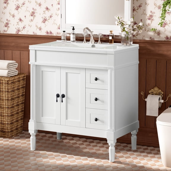 30" Single Bathroom Vanity with Ceramic Sink Top, 2 Soft Close Doors, and 3 Drawer, White