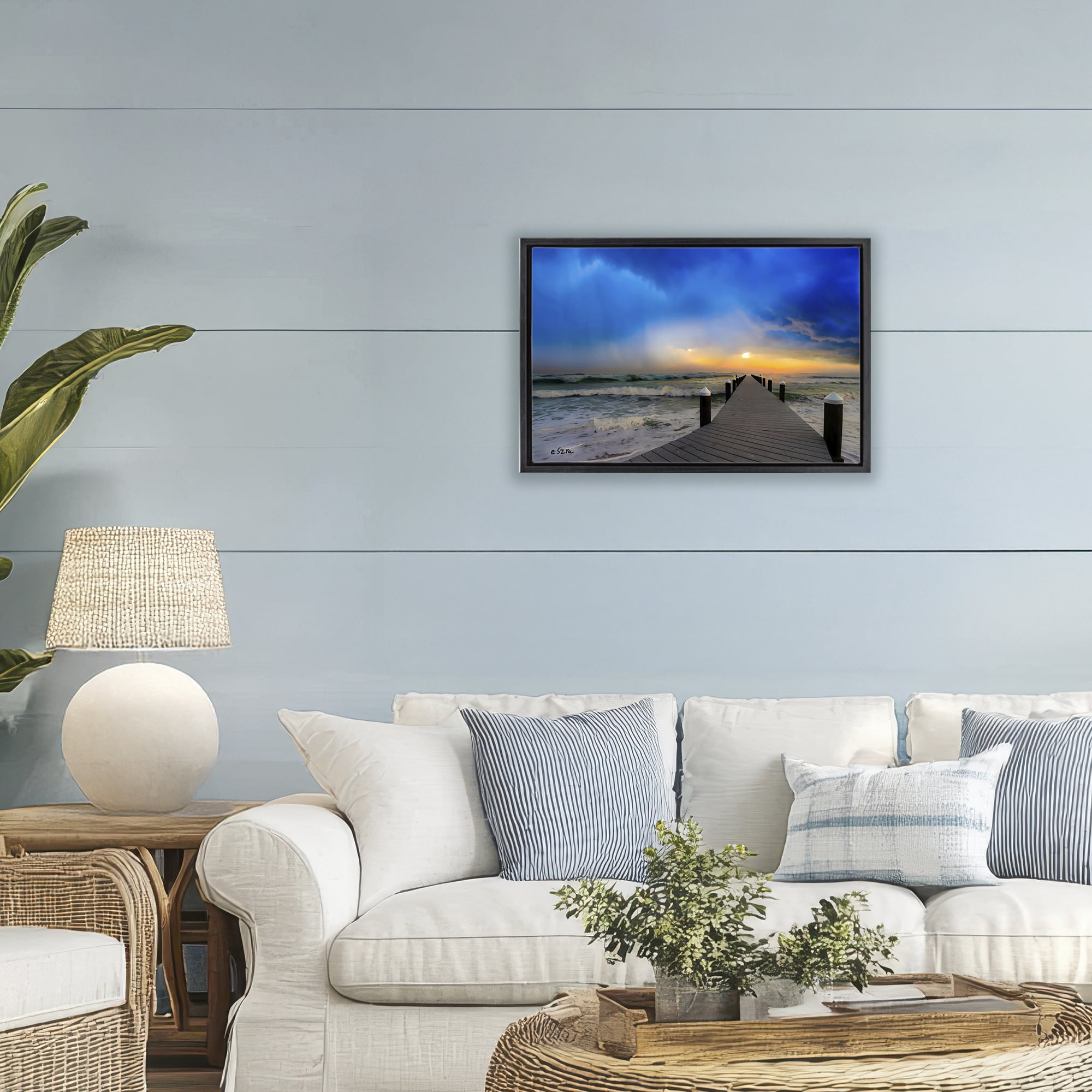 Stupell Industries Sun Breaking Over Sea Pier Black Framed Floater Canvas Wall Art, design by Eszra Tanner
