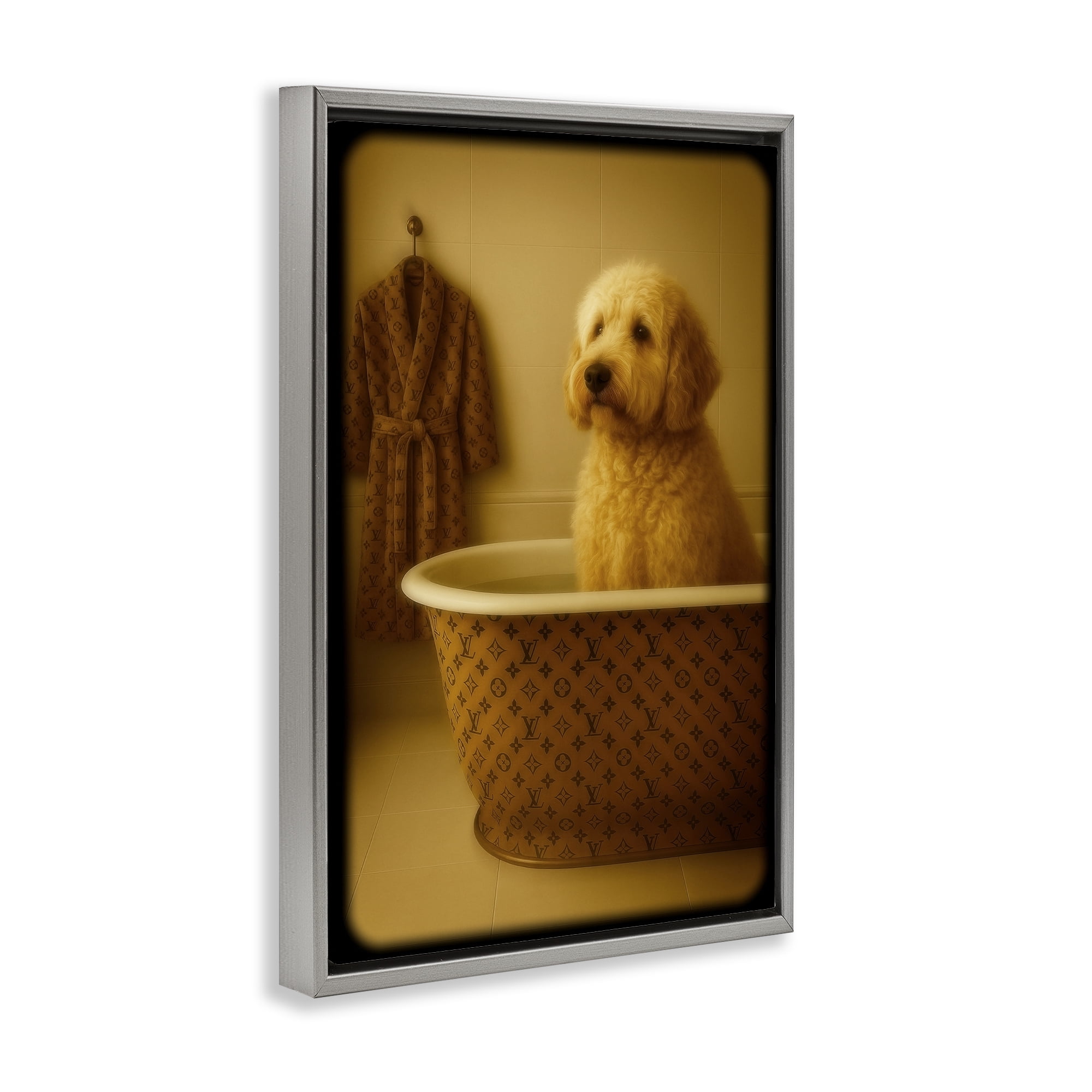 Stupell Industries Couture Dog in Luxury Tub Gray Framed Floater Canvas Wall Art, design by Grotto Studios