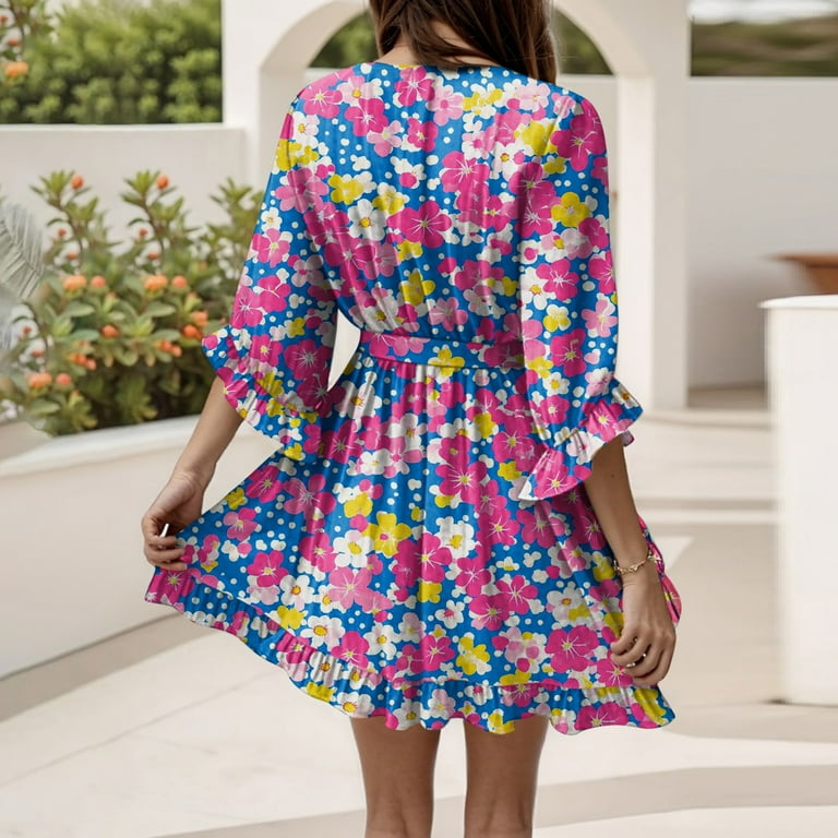 Summer Dresses For Women 2025, Casual V Neck Floral Dress Half Sleeve Tunic Lightweight  Midi Sundress Beach Wedding Guest Vacation Rompers Dressy Maternity Shirt  Dresses (XL, Hot Pink) ZMTing - Walmart.com