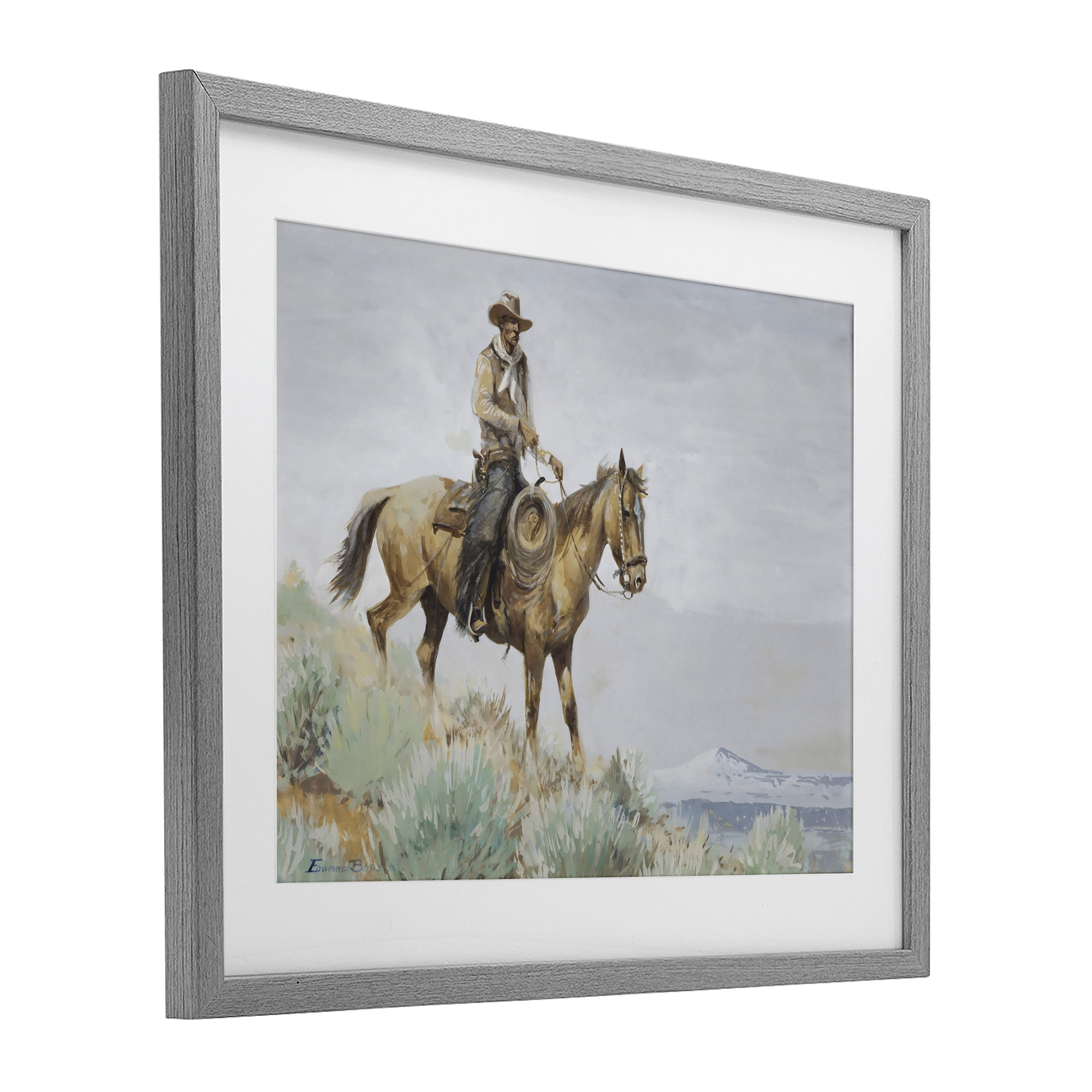 Stupell Industries Mounted Cowboy on Sagebrush Ridge Gray Framed Print Under Glass, design by Arlington Prints