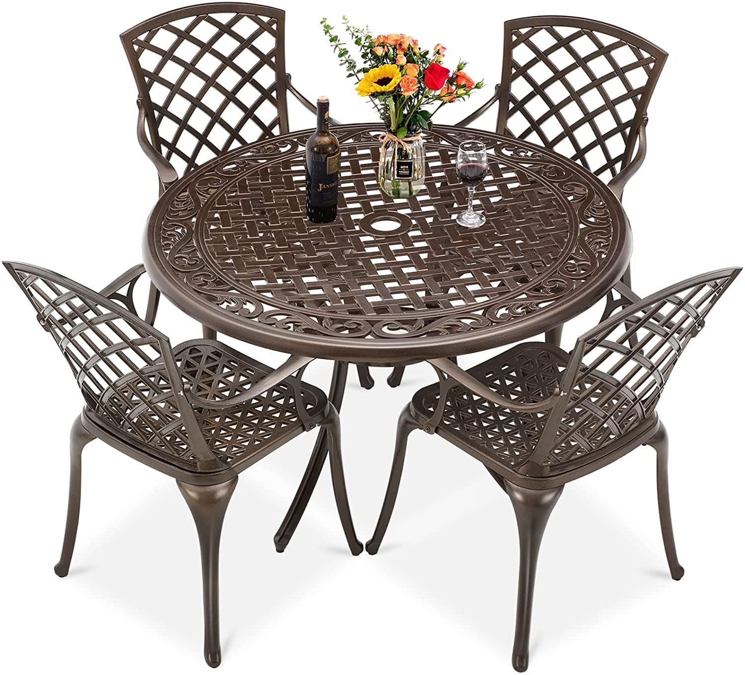 AECOJOY 5 Pieces Patio Dining Set, Cast Aluminum Outdoor Furniture Conversation Set with Round Table