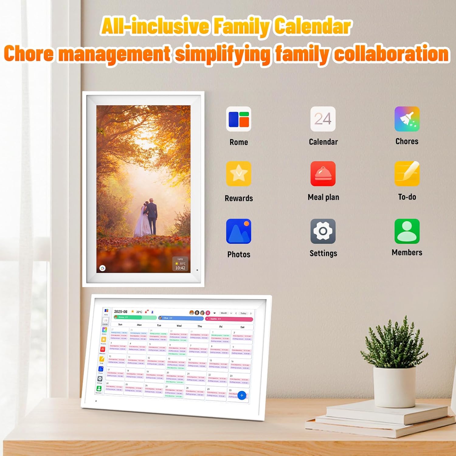 AEEZO Wifi15.6" Smart Digital Calendar – 1920×1080 Interactive Touchscreen Family Planner & Calendar with Chore Chart & Meal Planner, Wall-Mountable,White+Plastic Frame