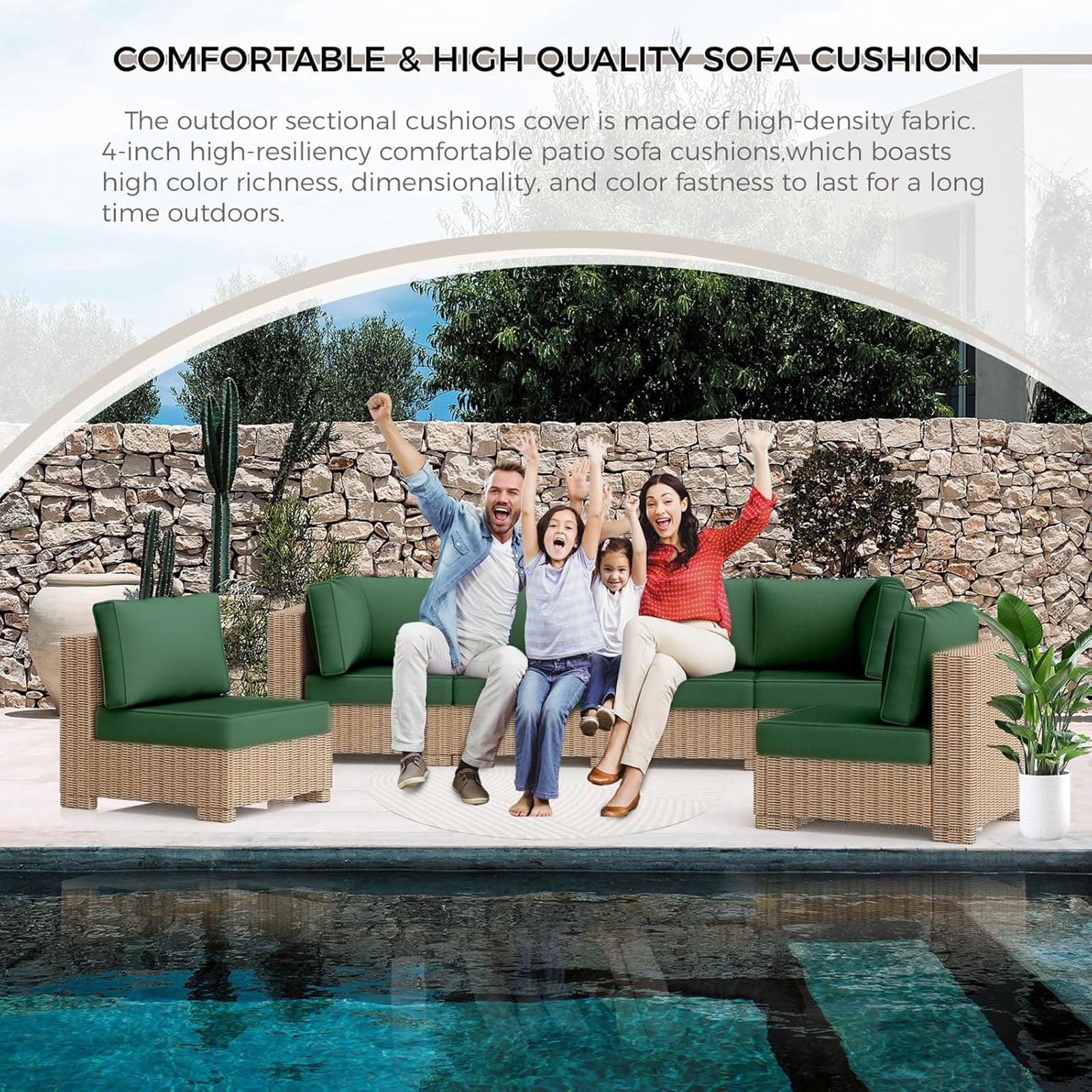 Outdoor Sectional Cushions, 6 Seat Patio Sectional Cushions, 4" Foam High-Density, Water-Resistant Patio Sofa Cushions Replacement Set （Dark green）